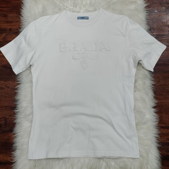 Prada Milano White Logo Embroidered Short Sleeve Designer Luxury Women's Size XL - Picture 4 of 14
